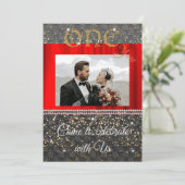 Invitation Chic Or Noir & Perles 1er Anniversaire de Mariage (Debout devant)