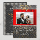 Invitation Chic Or Noir & Perles 50e Anniversaire de Mariage (Devant / Derrière)