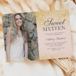 Invitation Chic or parties scintillant chic rose vif photo Sw<br><div class="desc">Une simple parties scintillant or moderne scintille élégant sur personnalisable Sweet sixteen rose vif invitation anniversaire,  ajoutez votre photo.</div>