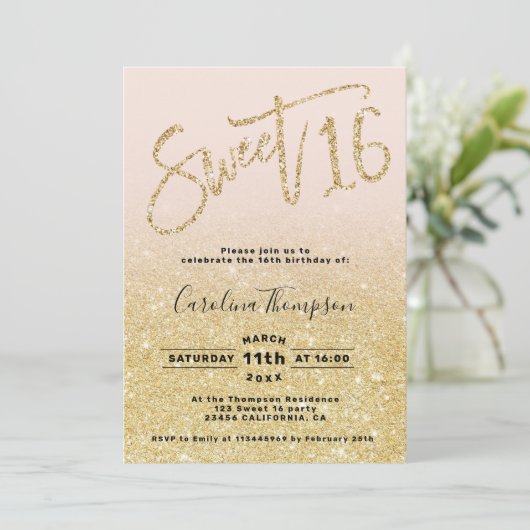 Invitation Chic or parties scintillant chic script blush Swee (Debout devant)