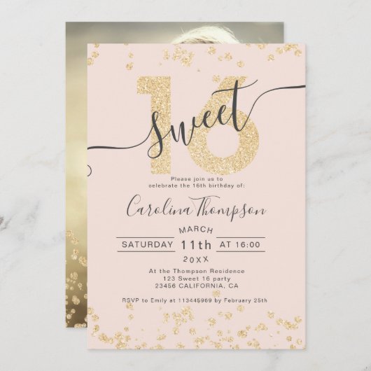 Invitation Chic or parties scintillant confetti blush Sweet 1 (Devant / Derrière)