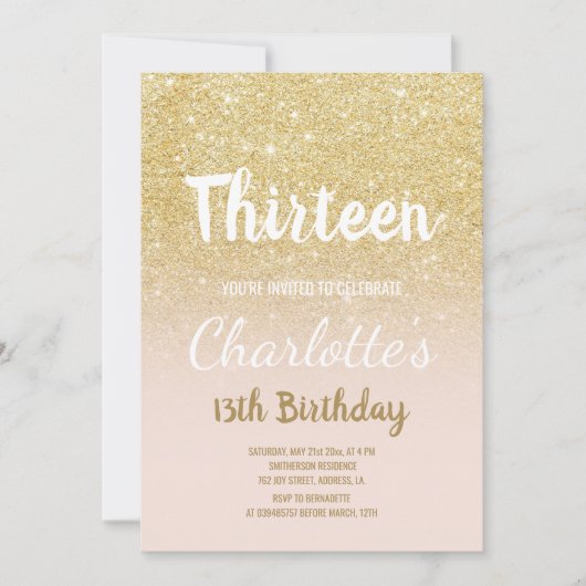 Invitation Chic or parties scintillant ombre script treize An (Devant)