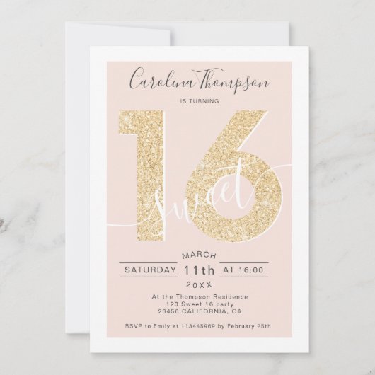 Invitation Chic or parties scintillant script blush Sweet 16  (Devant)