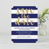 Invitation Chic Or | Rayure Bleue Gras Économisez la Date (Debout devant)