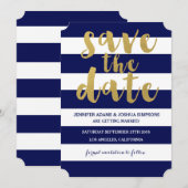 Invitation Chic Or | Rayure Bleue Gras Économisez la Date (Devant / Derrière)