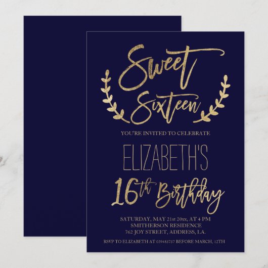 Invitation Chic or typographie marine bleu Sweet sixteen (Devant / Derrière)