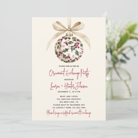 Invitation Chic Orament Exchange Red Bow Holly Berry Party (Debout devant)