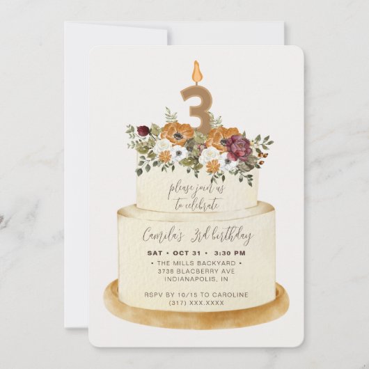 Invitation Chic Orange Automne 3 Anniversaire Gâteau (Devant)