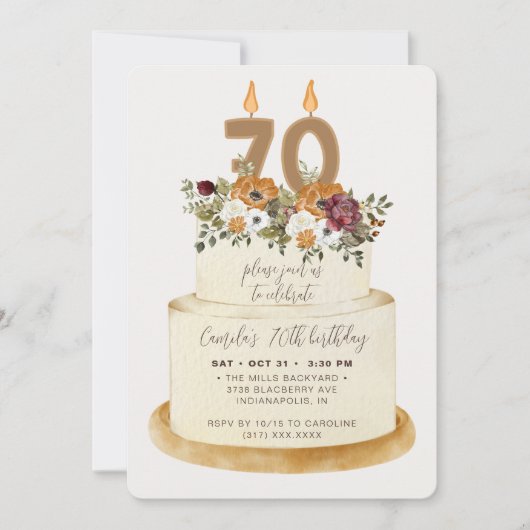 Invitation Chic Orange Automne 70e anniversaire gâteau (Devant)