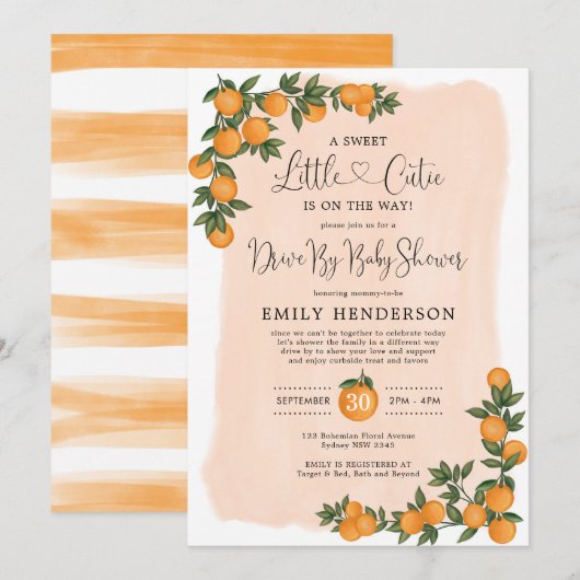 Invitation Chic Orange Drive By Baby shower Citrus Quarantine (Devant / Derrière)