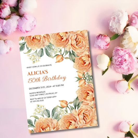 Invitation Chic Orange Peony Rustique Floral Verdure Annivers