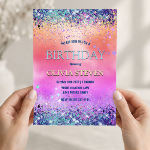 Invitation Chic orange rose iridescent faux paillettes monogr