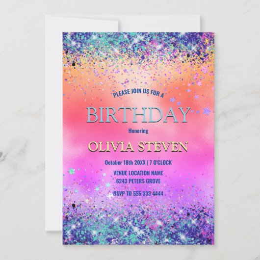 Invitation Chic orange rose irisé fausse parties scintillant  (Devant)