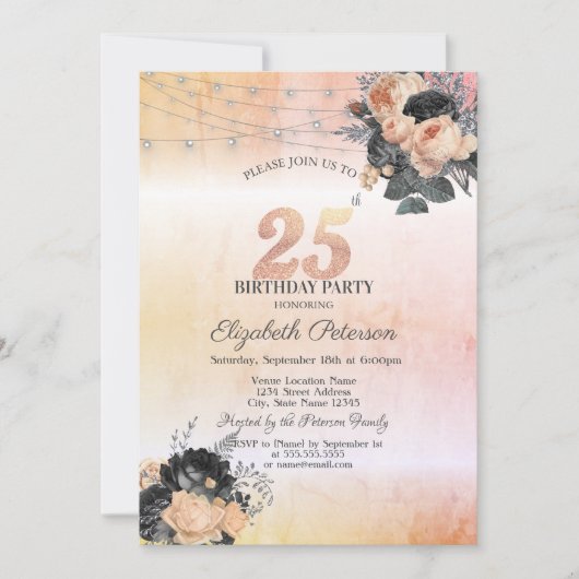 Invitation Chic Orange Rose Lights 25e anniversaire (Devant)