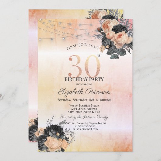 Invitation Chic Orange Rose String Lights 30e anniversaire (Devant / Derrière)