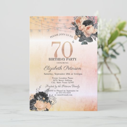 Invitation Chic Orange Rose String Lights 70e anniversaire (Debout devant)