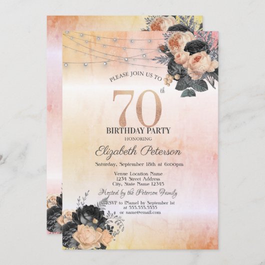 Invitation Chic Orange Rose String Lights 70e anniversaire (Devant / Derrière)