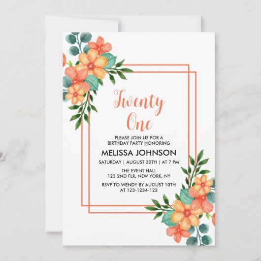 Invitation Chic Orange Spring Flower Greenery 21e anniversair (Devant)
