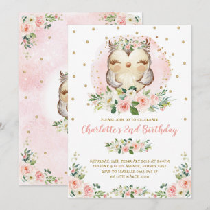 Invitation Chic Owl Blush or rose Floral Girl Anniversaire
