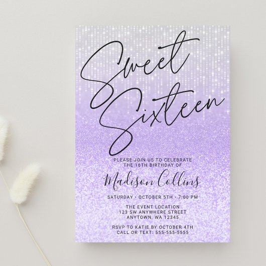 Invitation Chic Pailleté Violet Argent Sweet 16