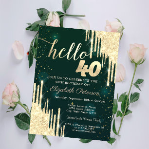 Invitation Chic Pailletés Dorés Gouttes Vert 40e Anniversaire