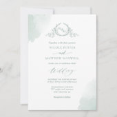 Invitation Chic Pale Vert Aquarelle Taches Monogramme Mariage (Devant)