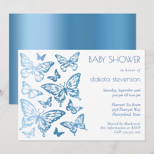Invitation Chic papillon | Classic Blue Shine Baby shower (Devant / Derrière)