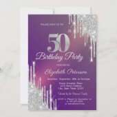 Invitation Chic Parties scintillant argent gouttes pourpre 50 (Devant)