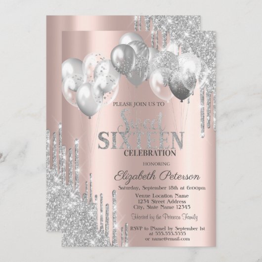 Invitation Chic Parties scintillant Argent Lecteurs Ballons S (Devant / Derrière)