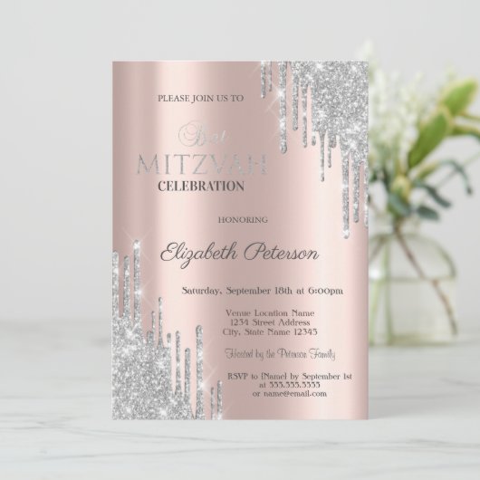 Invitation Chic Parties scintillant Argent Rose Bat mitzvah O (Debout devant)