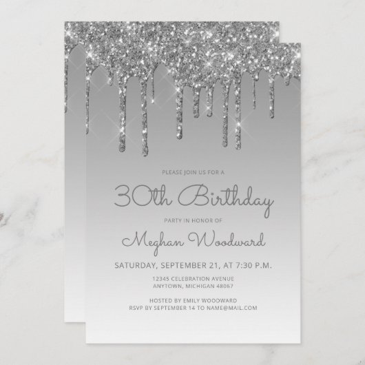 Invitation Chic Parties scintillant Drip Argent 30e anniversa (Devant / Derrière)