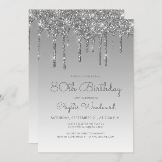 Invitation Chic Parties scintillant Drip Argent 80e anniversa (Devant / Derrière)