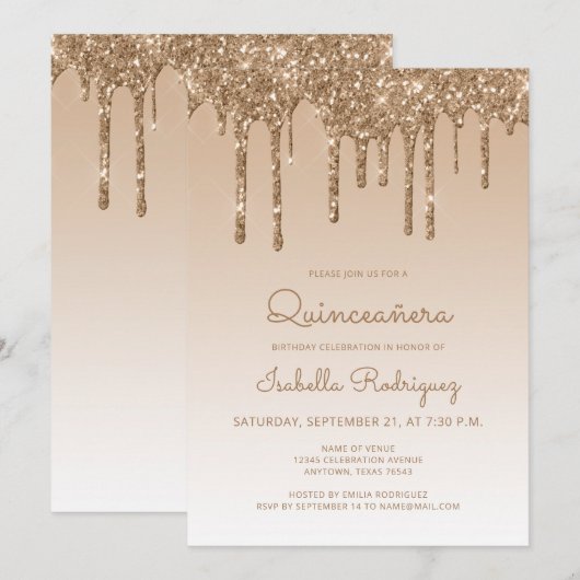 Invitation Chic Parties scintillant Drip Gold Quinceañera (Devant / Derrière)