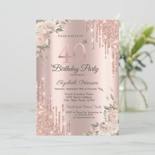 Invitation Chic Parties scintillant Drips, Fleurs Rose Or 40e (Debout devant)