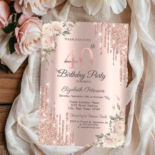 Invitation Chic Parties scintillant Drips, Fleurs Rose Or 40e