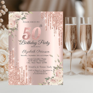 Invitation Chic Parties scintillant Drips, Fleurs Rose Or 50e