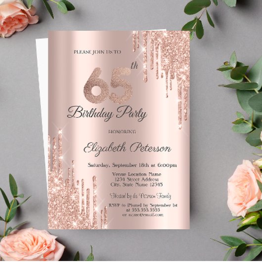 Invitation Chic Parties scintillant Drips Rose Gold 65e anniv