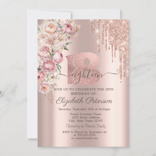 Invitation Chic Parties scintillant Drips, Rose Rose Gold 18e (Devant)