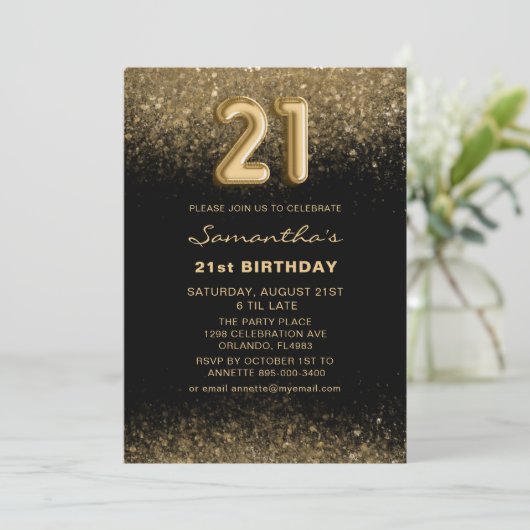 Invitation Chic Parties scintillant Gold & Black 21e annivers (Debout devant)