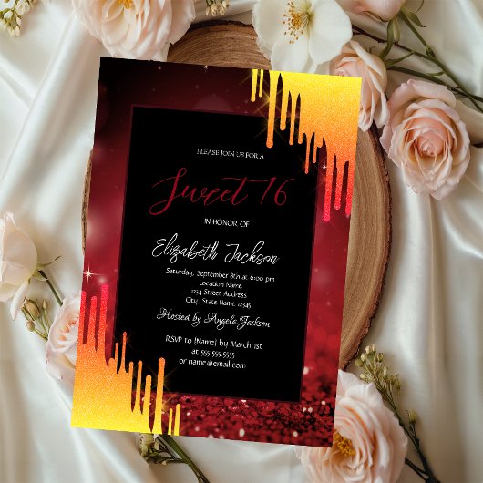 Invitation Chic Parties scintillant Jaune, Bokeh Rouge