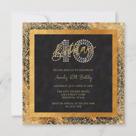 Invitation Chic Parties scintillant Noir et Or 40e anniversai (Devant)