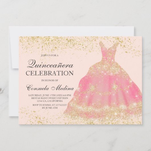 Invitation Chic parties scintillant or rose pâle robe Quincea (Devant)