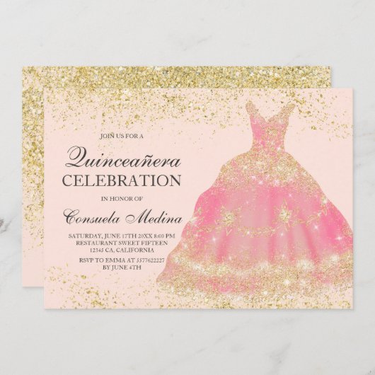 Invitation Chic parties scintillant or rose pâle robe Quincea (Devant / Derrière)