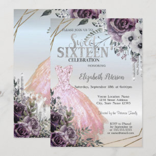 Invitation Chic Parties scintillant, Robe Fleurs Douces 16