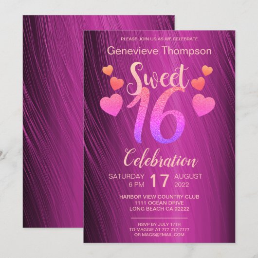 Invitation Chic Parties scintillant Sweet sixteen (Devant / Derrière)