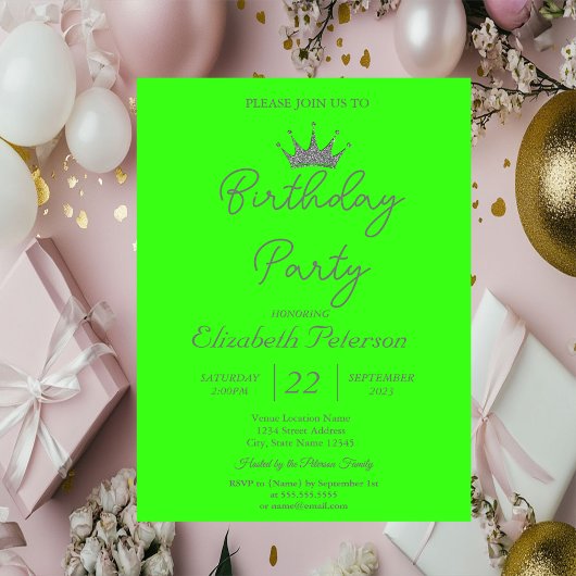 Invitation Chic Parties scintillant Tiara Neon Green Annivers