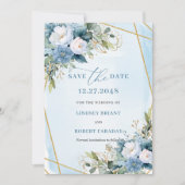 Invitation Chic Pastel Bleu Blanc Or Floral Enregistrer La Da (Devant)