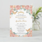 Invitation Chic Pastel Blush Peach Floral Rose Quinceanera (Debout devant)