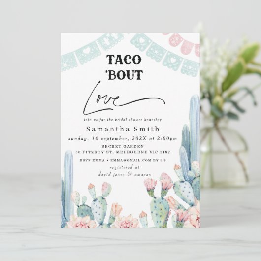 Invitation Chic Pastel Cactus Taco Bout Love Fête des mariées (Debout devant)