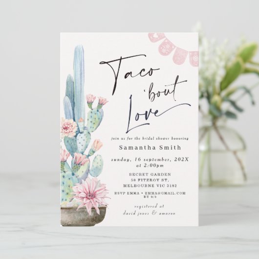 Invitation Chic Pastel Cactus Taco Bout Love Fête des mariées (Debout devant)